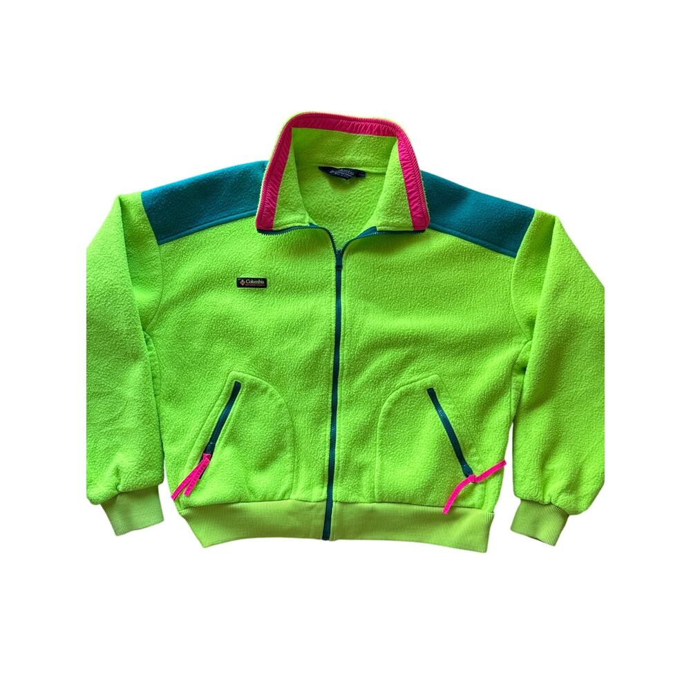 Vintage Columbia USA Made Tennis Ball Neon Green Pink XL Fleece Full Zip Jacket